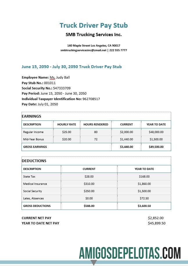 Recibo de pagamento da SMB Trucking Services Inc. em formatos PDF e Word exemplo real